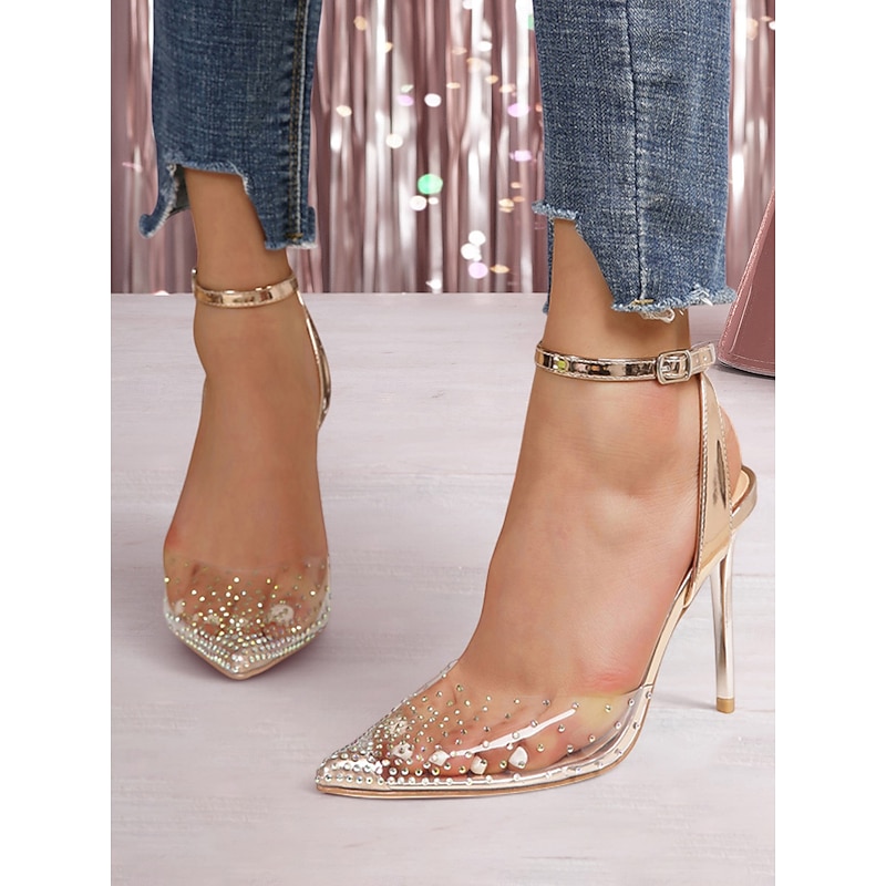 Rose Gold Clear Stiletto Heels for Women – Transparent Slingback Design with Rhinestone Accents, Perfect for Glamorous Night Outs, Weddings, and Evening Events2