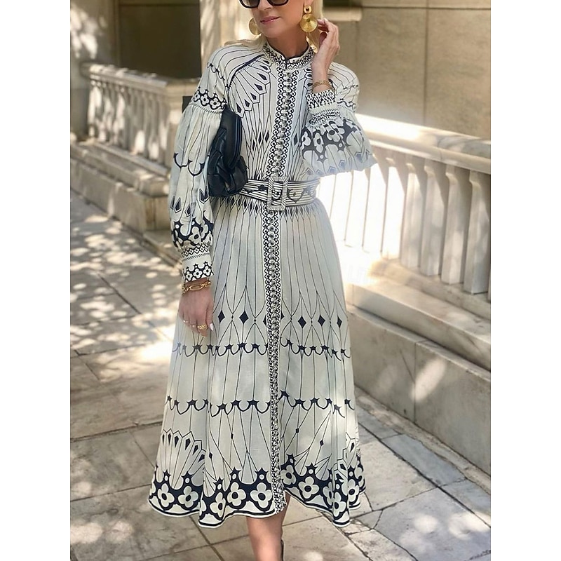 Women's Midi Dress Corset Dress A Line Dress Puff Sleeve Dress Vacation Semi Formal Formal Vacation Work Regular Fit Graphic Short Sleeve High Neck White Summer