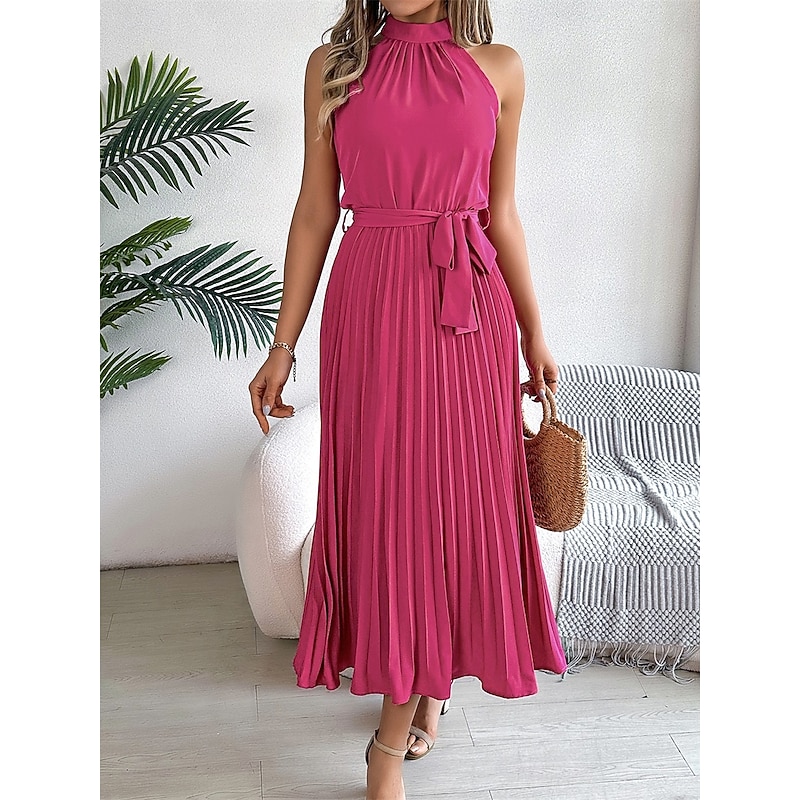 Women's Midi Dress Wrap Dress A Line Dress Pleated Dress Halter Dress Vacation Vacation Casual Daily Regular Fit Graphic Sleeveless Halter Neck Black Pink Wine Green Summer