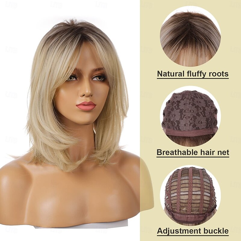 Blonde Wigs for Women Ombre Light Blonde Wig with Bangs Layered Middle Length Synthetic Wig Dark Roots Hair for Daily Party4