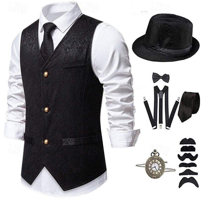 1920s Vintage Inspired The Great Gatsby Party Costume Masquerade Accessories Set Sleeveless Printing Collarless Fancy Dress Men's Halloween Party & Evening Casual Daily Cravat Vest Hat All Seasons