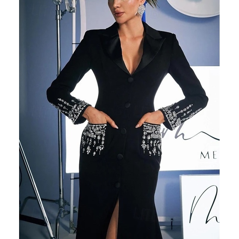 Tuxedo Dress A-Line Wedding Guest Stretch Crepe Elegant Long Sleeve Ankle Length Split Thigh Peak Lapel Single Breasted4