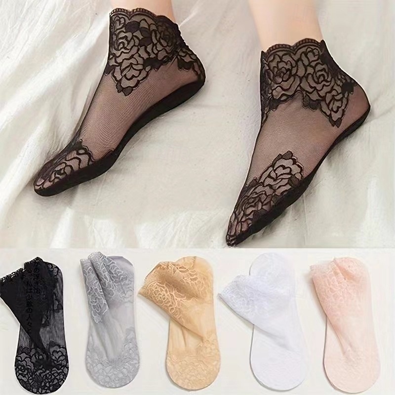 Ladies Fashion Lace Socks Solid Color Light, Soft & Elastic, Comfortable & Breathable, Versatile