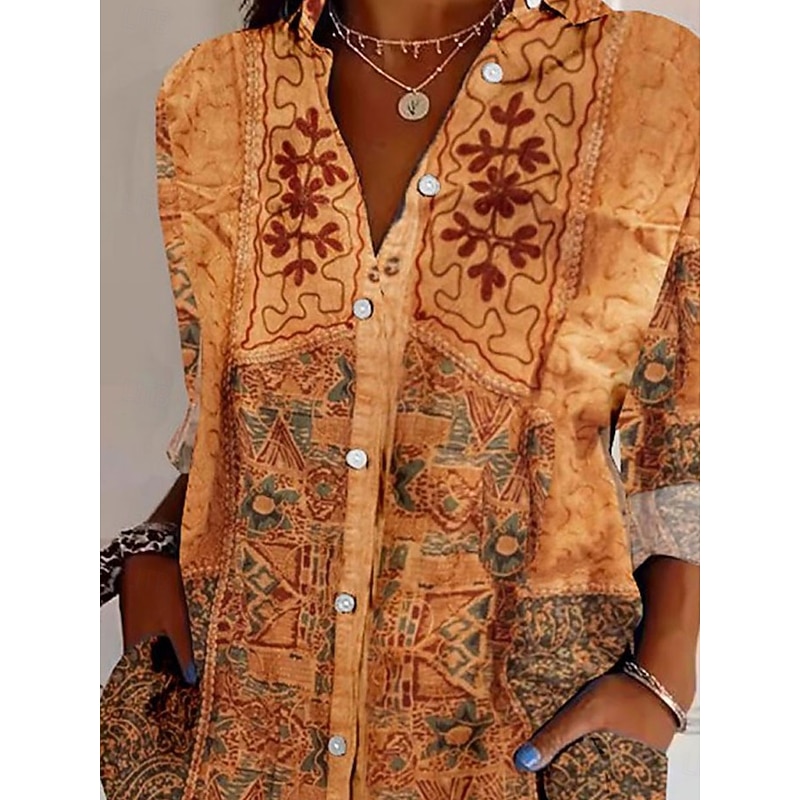 Women's Shirt Button Down Tunic Shirt Collar Long Sleeve Floral Casual Regular Tops Work Daily s Print Yellow Spring Fall Winter2