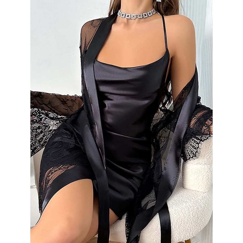 Women's Lace Lingerie MeshNightwearPolyester Active Black White Summer Spring4