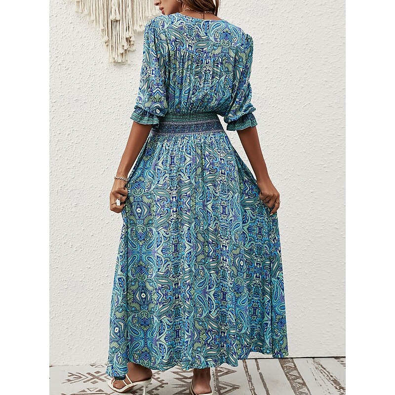 Women's Maxi Dress Casual Dress Long Sleeve Boho Dress Boho Dress Bohemia Stylish Basic Vacation Casual Daily Regular Fit Graphic 3/4 Length Sleeve V Neck Maroon Blue Summer Spring Fall3