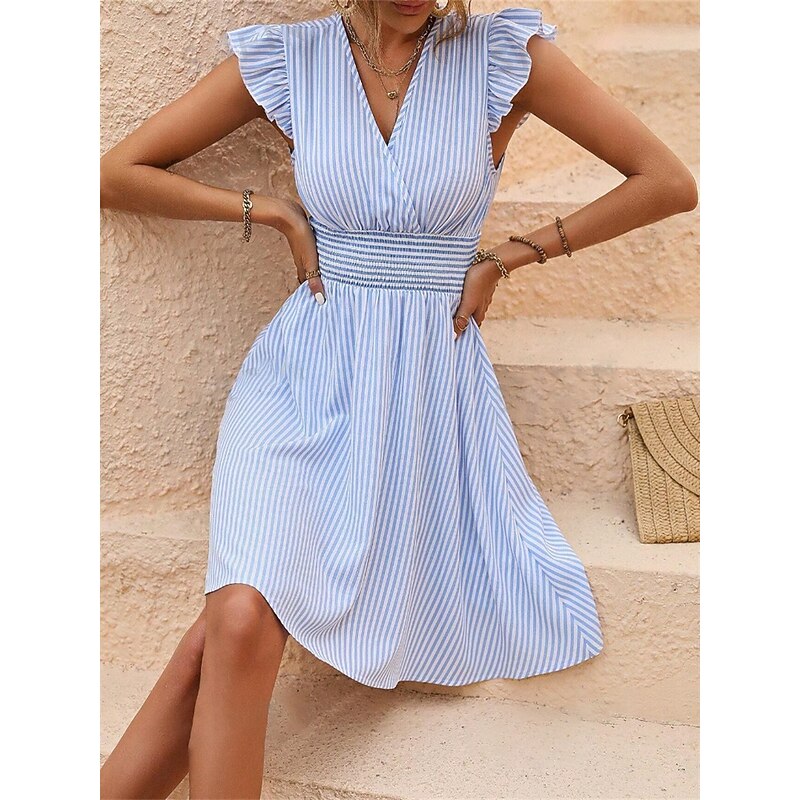 Women's Mini Dress Casual Dress A Line Dress Stylish Casual Vacation Casual Daily Regular Fit Stripe Short Sleeve V Neck Black Sky Blue Summer3