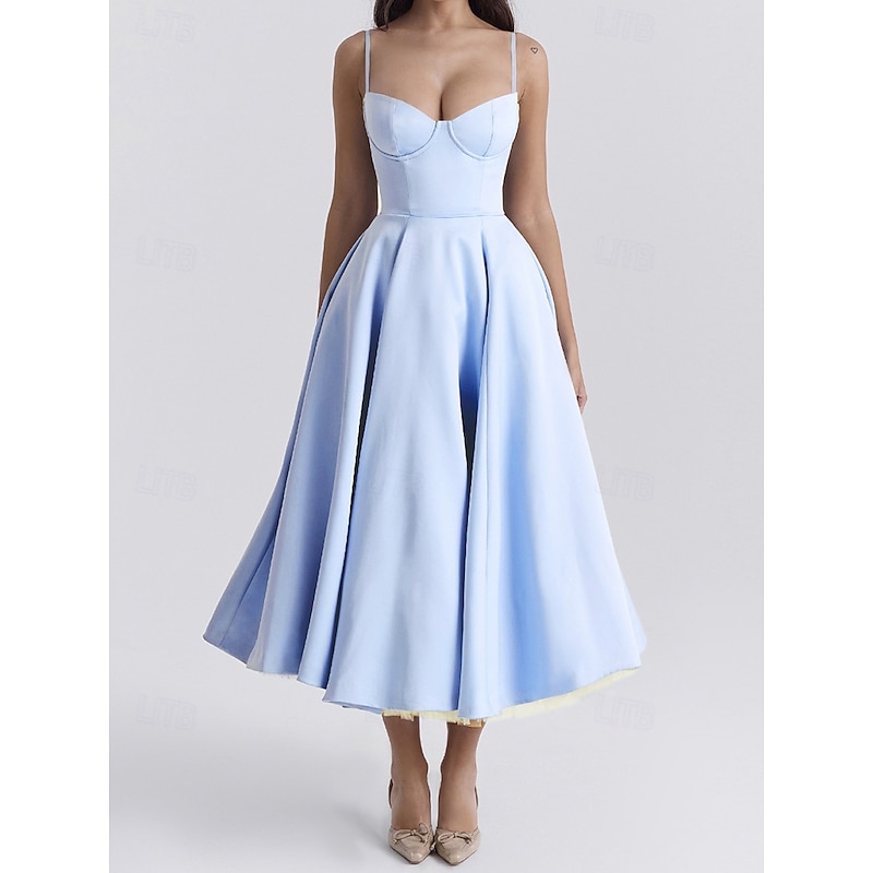 Retro Vintage 1950s Midi Dress Flare Dress Spaghetti Strap Corset Solid Color A-Line Fancy Dress Women's Masquerade Wedding Vacation Tea Party Adults' Dress2