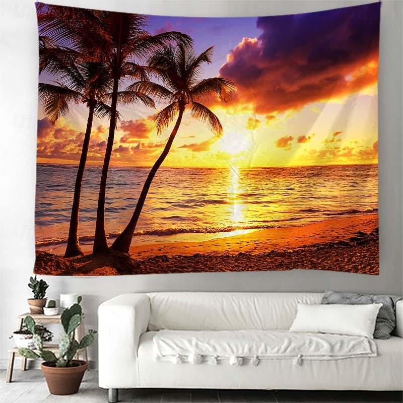 Landscape Sunset Beach Hanging Tapestry Wall Art Large Tapestry Mural Decor Photograph Backdrop Blanket Curtain Home Bedroom Living Room Decoration Palm Tree4