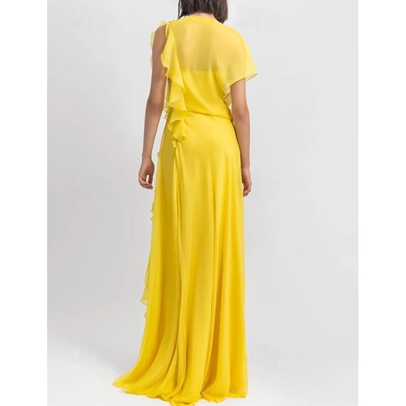 Ruffles A-Line Dress Mother of the Bride Dress Elegant Vintage Jewel Neck Floor Length Chiffon Short Sleeve with Tier Cascading3