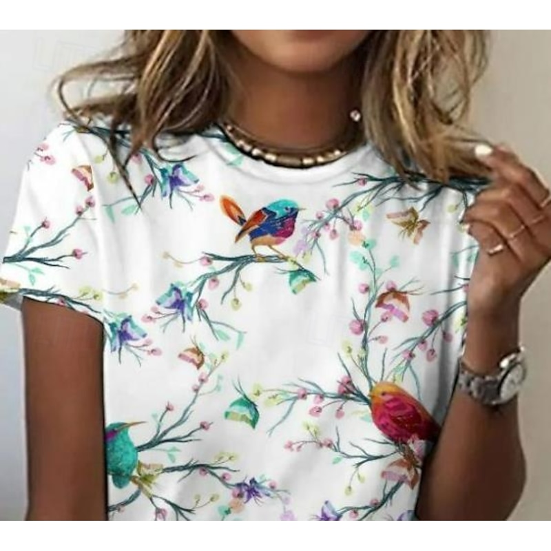 Women's T Shirt Floral Animal Elegant Bohemia Vintage Short Sleeve Round Neck Regular Tops Daily Weekend Print Pearl Summer2