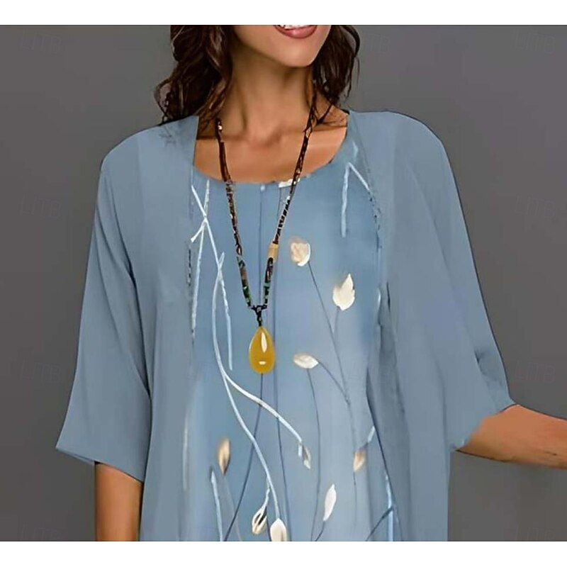 Women's Graduation Dress Midi Dress Chiffon Dress Shift Dress Elegant Vacation Party Wedding Wedding Guest Daily Loose Fit Floral Half Sleeve Crew Neck Pink Blue Green Gray Summer Spring2