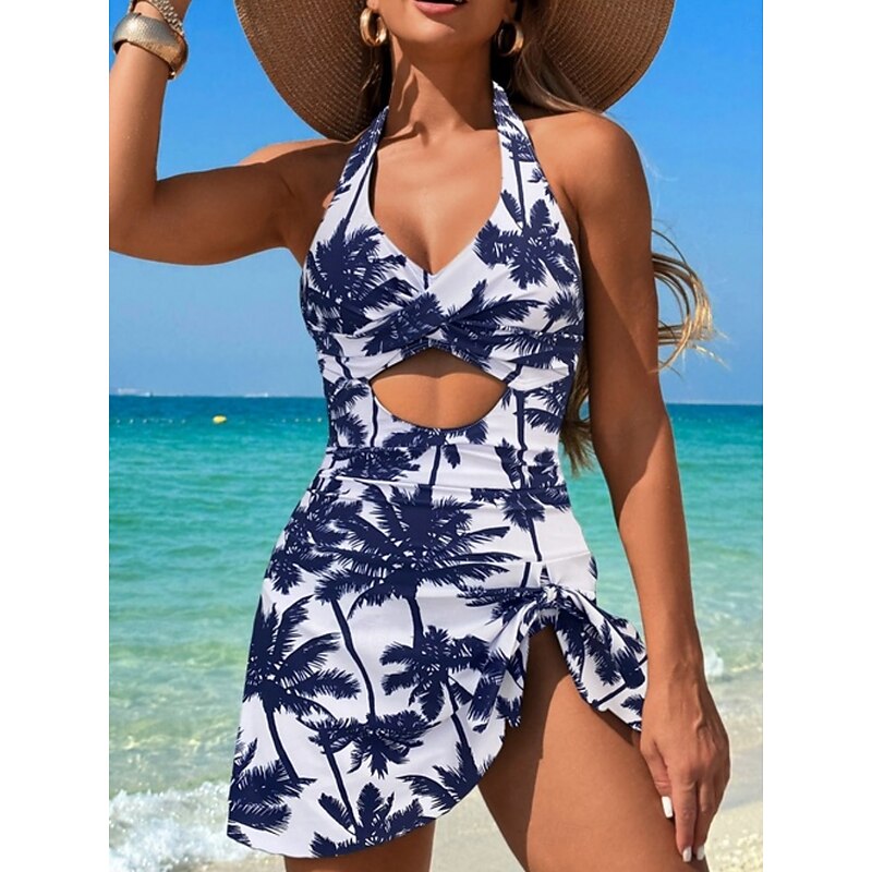 Women's Swimsuits One Piece Monokini Swim Dress Swimsuit Backless Tummy Control High Waist Slim Vacation Beach Wear Floral Halter Neck Sleeveless Bathing Suits