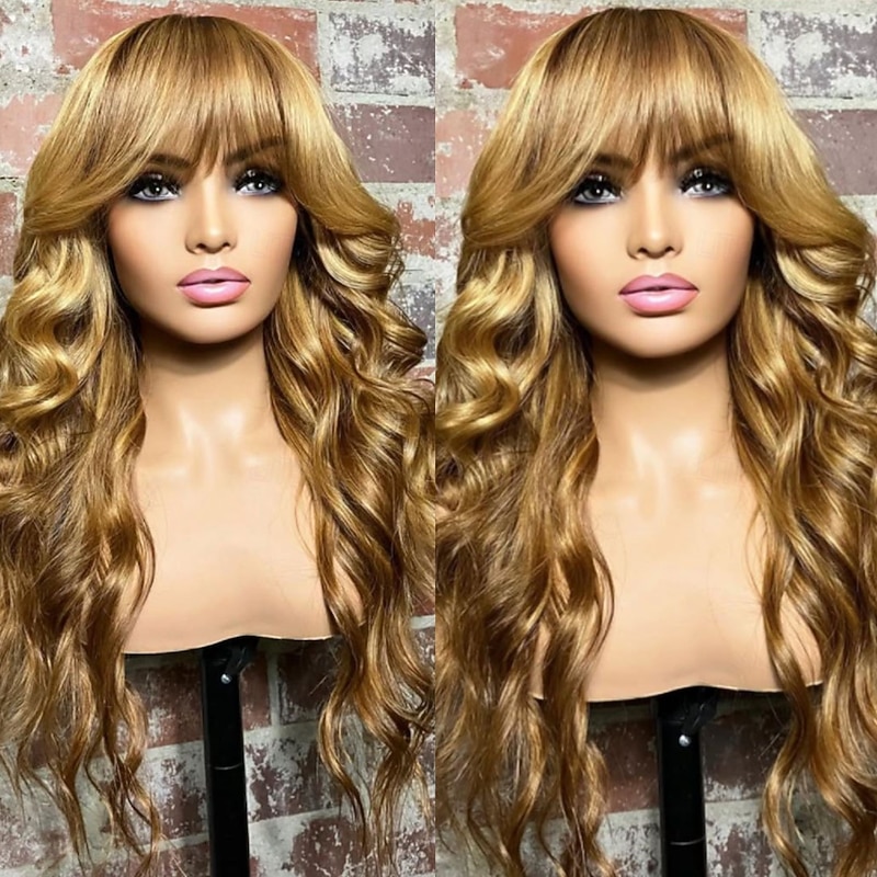 Remy Human Hair 5x5 Closure 13x4 Lace Front Wig With Bangs Brazilian Hair Wavy Multi-color Wig 130% 150% Density Highlighted / Balayage Hair Glueless Pre-Plucked For Women Long Human Hair Lace Wig4