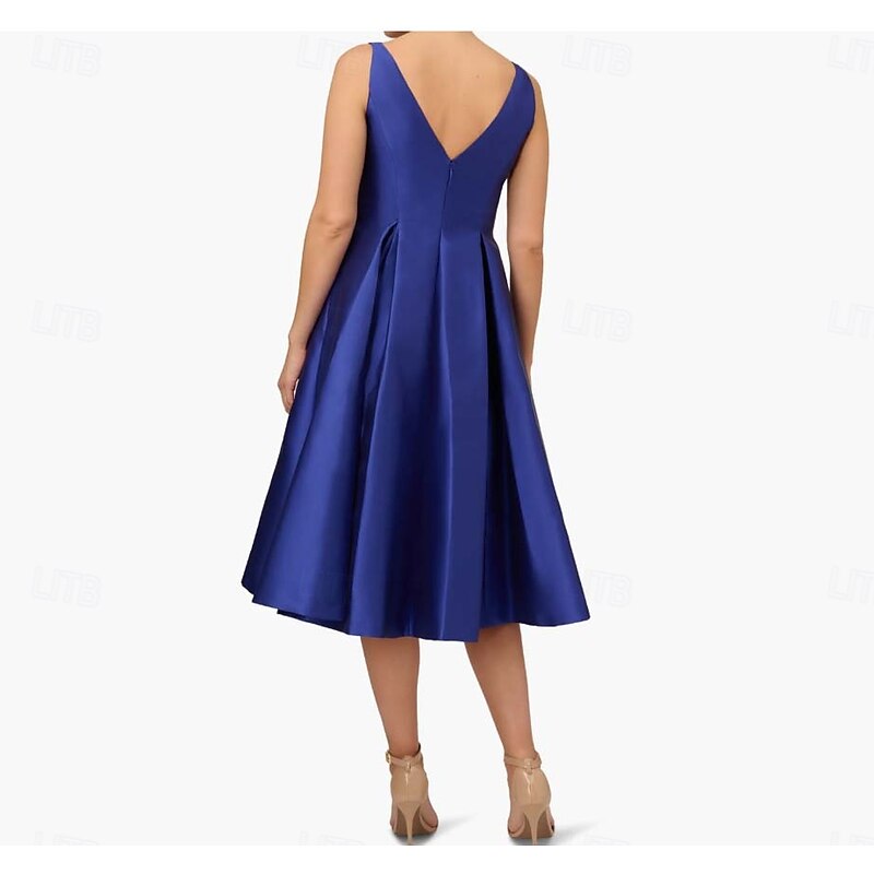 A-Line Cocktail Dresses Elegant Dress Formal Evening Party Tea Length Sleeveless Boat Neck Pocket Satin with Pleats Dresses2