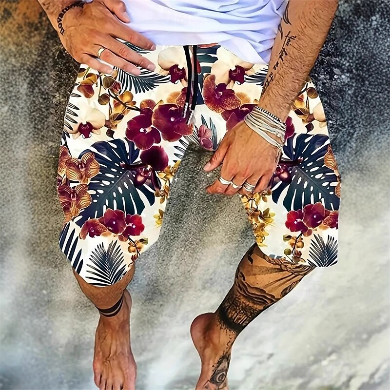 Men's Swim Trunks Swim Shorts 4-Way Stretch Fabric Board Shorts Bottoms Drawstring with Pockets Swimming Surfing Beach Water Sports Floral Printed Summer Spring