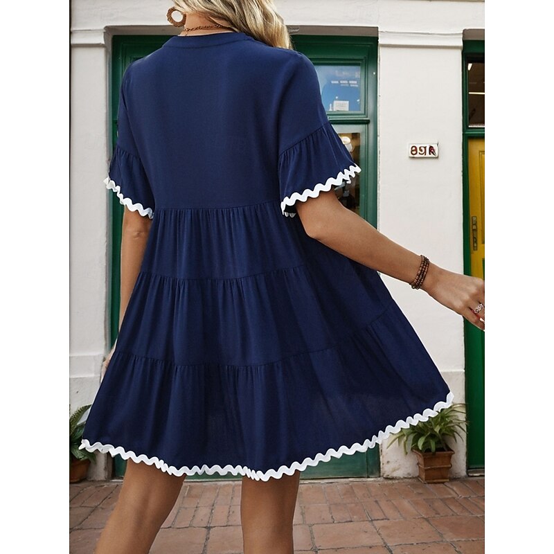 Women's Mini Dress Casual Dress A Line Dress Basic Casual Vacation Daily Regular Fit Plain Short Sleeve V Neck Navy Blue Summer2