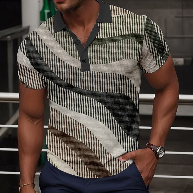 Men's Geometic Line Polo Short Sleeve Polo Shirts Collared Shirts Business Casual School Outdoor Daily Wear Home Wear 3D Print Summer Gray