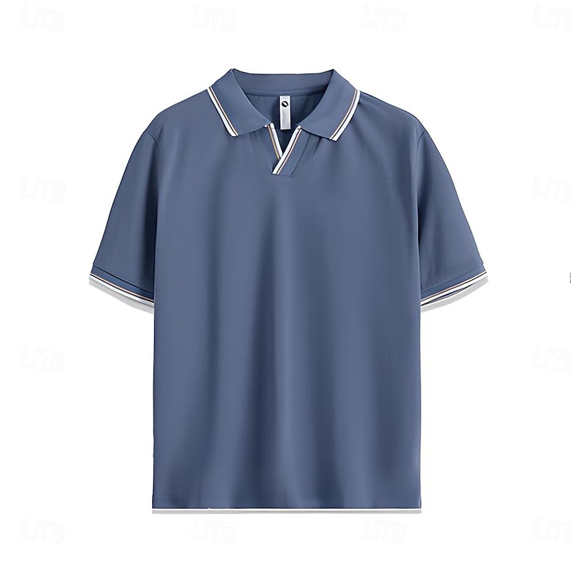 Men's T Shirt Fold-over Collar V Neck Training Short Sleeve Stripe-Trim Color Block Clothing Apparel Vacation Vintage Neutral Fashion4