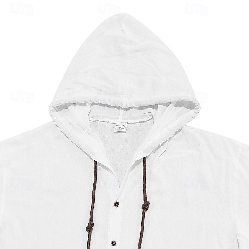 Men's Shirt Linen Shirt Casual Shirt Button Up Shirt Plain Vacation Street Black White Blue Khaki Short Sleeve Hooded Summer Clothing Apparel Adjustable Drawstring Hood4