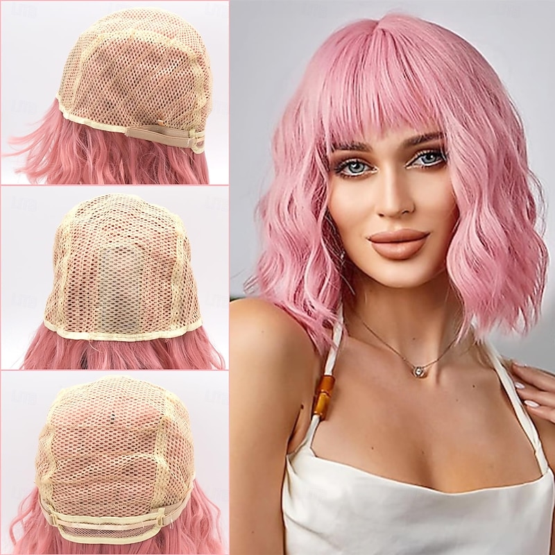 Pink Wig for Women Pink Bob Wig with Bangs, Light Pink Short Wavy Wigs for Costume Cosplay2
