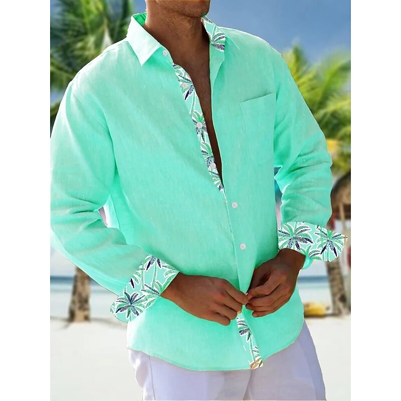 Men's Shirt Summer Shirt Casual Shirt Beach Shirt Button Up Shirt Yellow Pink Green Gray Long Sleeve Plain Pattern Lapel Vacation Hawaiian Button-Down Clothing Apparel Polyester Fashion Casual3
