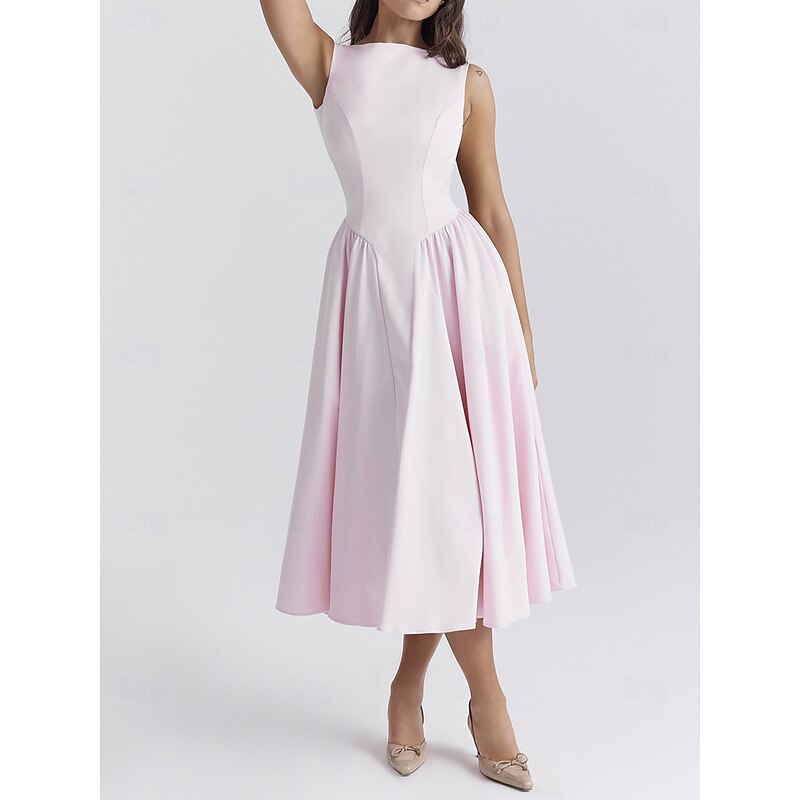 Retro Vintage 1950s Midi Dress Flare Dress Spaghetti Strap Corset Solid Color A-Line Slash Neck Fancy Dress Women's Masquerade Wedding Vacation Tea Party Adults' Dress3