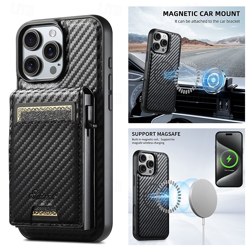 Phone Case For iPhone 17 Pro Max 17 Air 16 15 14 Pro Max Plus 13 12 Pro Max Back Cover with Stand Holder Magnetic Support Wireless Charging Retro Carbon Fiber