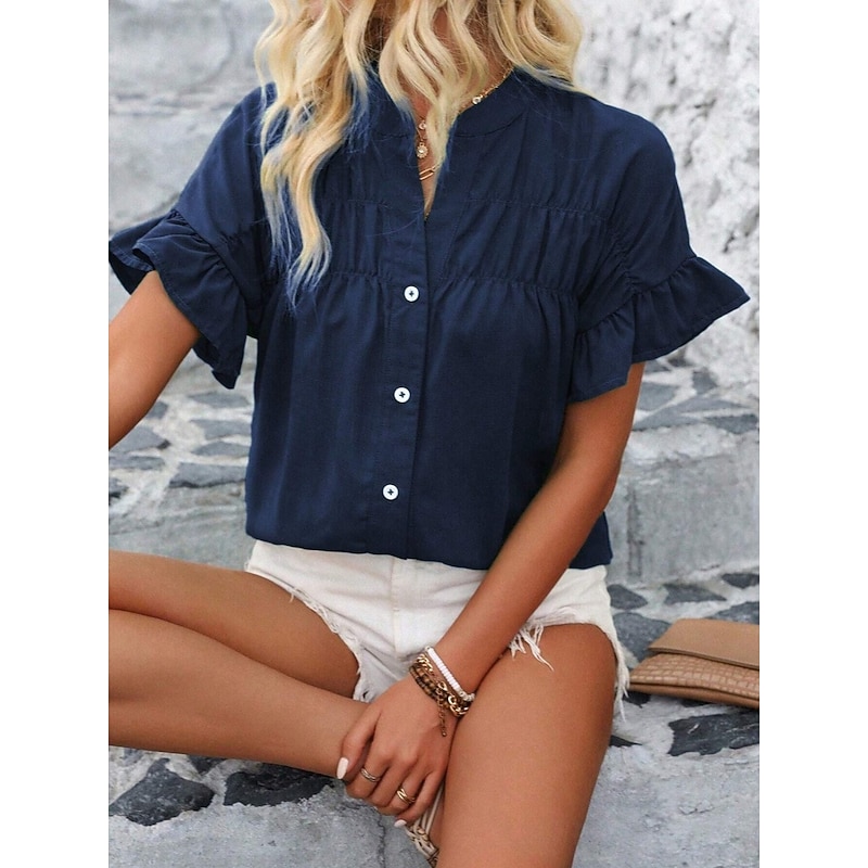 Women's Shirt Blouse Solid Color Stylish Casual Short Sleeve Crew Neck Regular Tops Daily Ruffle Buttons Silver Black Red Navy Blue Blue Summer