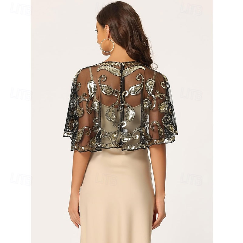 Women's 1920s Shawl Wraps Sequin Beaded Bridal Cover Up Evening Cape Flapper Bolero2