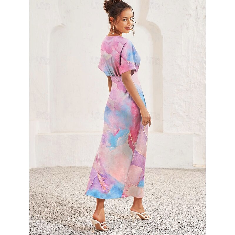Women's Midi Dress Sheath Dress Elegant Flared Sleeve Vacation Casual Date Regular Fit Ombre Short Sleeve V Neck Pink Summer2
