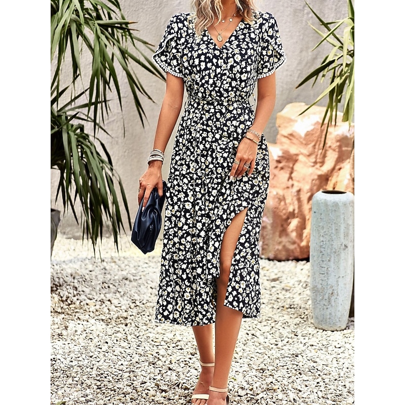 Women's Midi Dress Casual Dress Swing Dress A Line Dress Stylish Casual Vacation Daily Regular Fit Floral Short Sleeve V Neck Black White Purple Green Summer