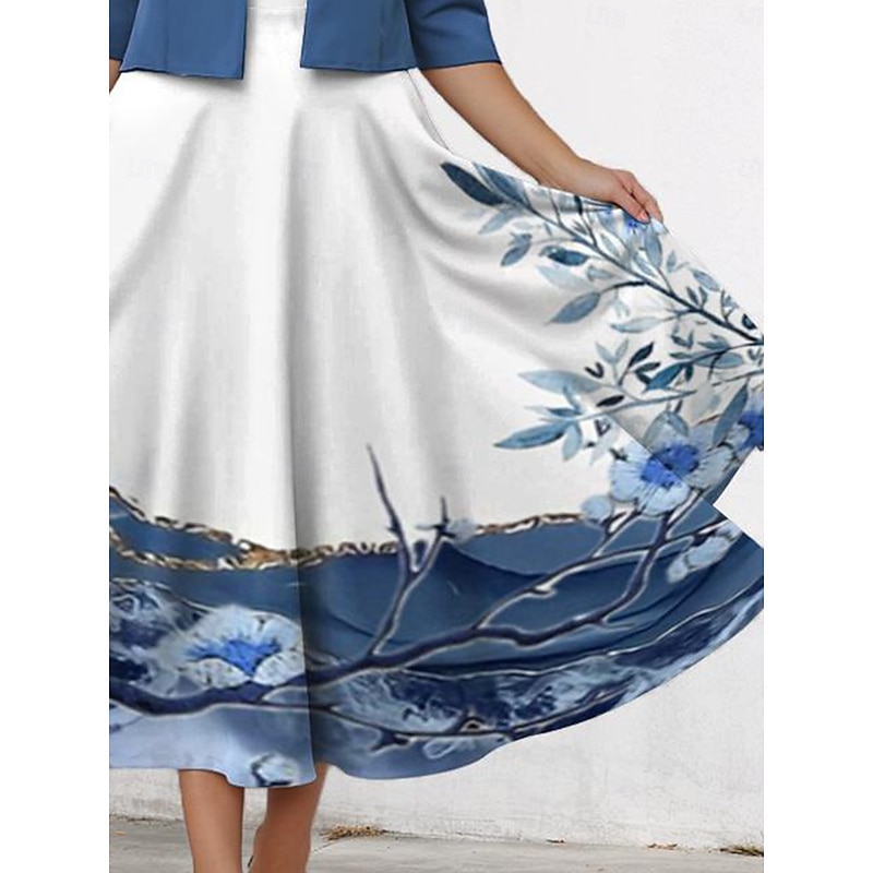 Women's Two Piece Dress Sets Midi Dress with Jacket Elegant A Line Dress Half Sleeve Casual Dress Chiffon Dress Swing Dress Wedding Daily Regular Fit Floral V Neck Blue Fall3