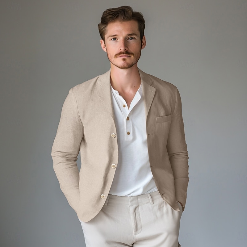 Men's Lightweight Jacket Linen Blazer Outdoor Office Daily Spring & Summer Cotton And Linen Solid Color Comfy Single Breasted Blazer Light Green Navy Blue khaki2