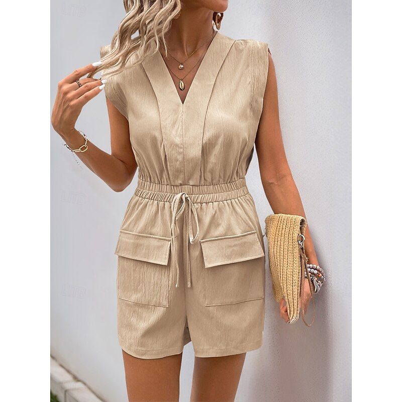 Women's Normal Romper Active Solid Color Sleeveless V Neck Pocket High Waist Vacation Daily Regular Fit Khaki Summer3