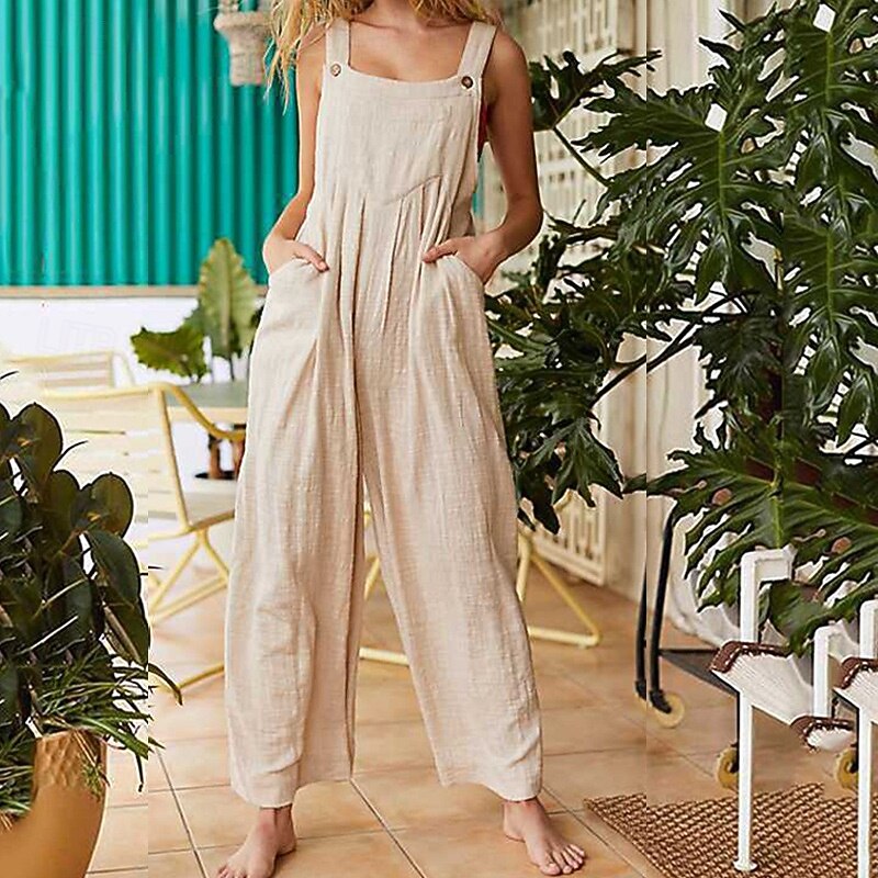 Women's Normal Jumpsuit Streetwear Solid Color Sleeveless Sleeveless Square Neck Buttons Pocket Street Daily Regular Fit Red Khaki Gray Summer