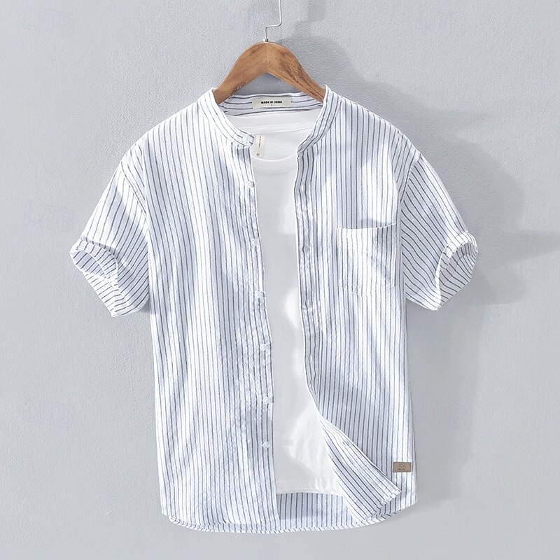 Men's Shirt Linen Shirt Casual Shirt Button Up Shirt Cotton Shirt Stripe Vacation Street White Wine Royal Blue Short Sleeve Grandad Collar Summer Clothing Apparel Button-Down
