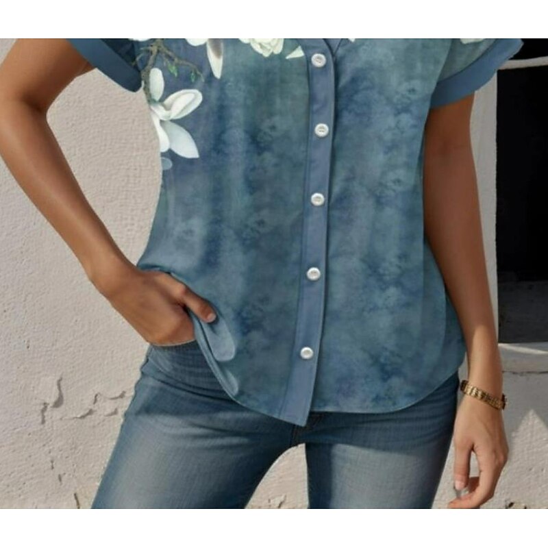 Women's Shirt V Neck Button Down Blouse Floral Graphic Stylish Beach Short Sleeve Shirt Collar Regular Tops Daily Buttons Print Blue Summer Spring3