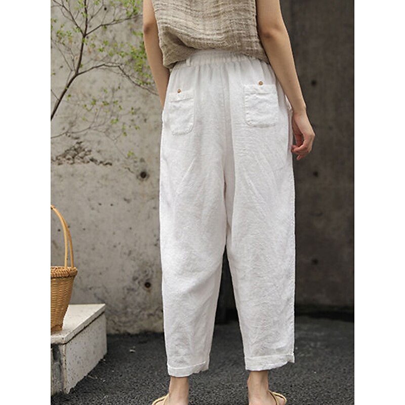 Women's Cotton Linen Shorts Linen-Inspired Pants Cotton Linen Pants Fashion Streetwear Basic Ankle-Length High Waist Plain Pocket Elastic Waistband Comfort Outdoor Micro-elastic Vacation Street Daily2