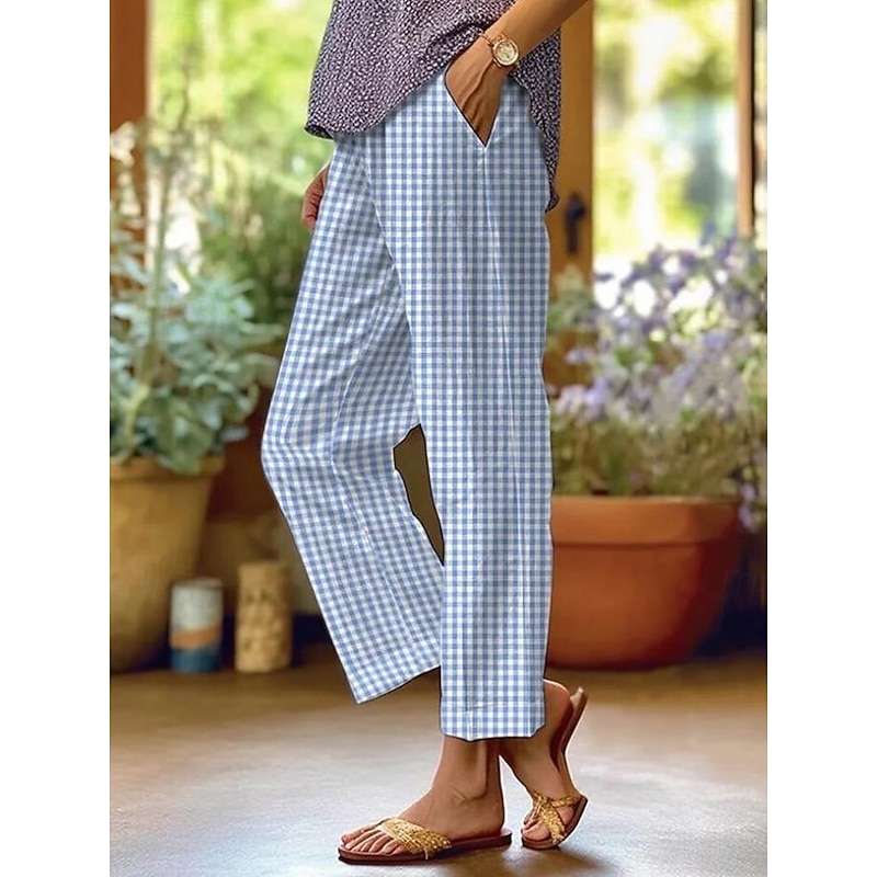 Women's Cotton Linen Pants Baggy Pants Linen Like Fashion Streetwear Full Length High Waist Graphic Lattice Printing Thermal Warm Breathable Soft Micro-elastic Outdoor Daily