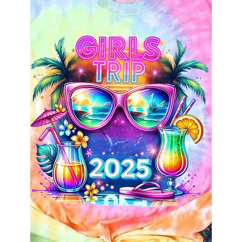 Women's T Shirt Ombre Graphic Casual Short Sleeve Round Neck Regular Tops Daily Print Pink Summer Girls Trip3