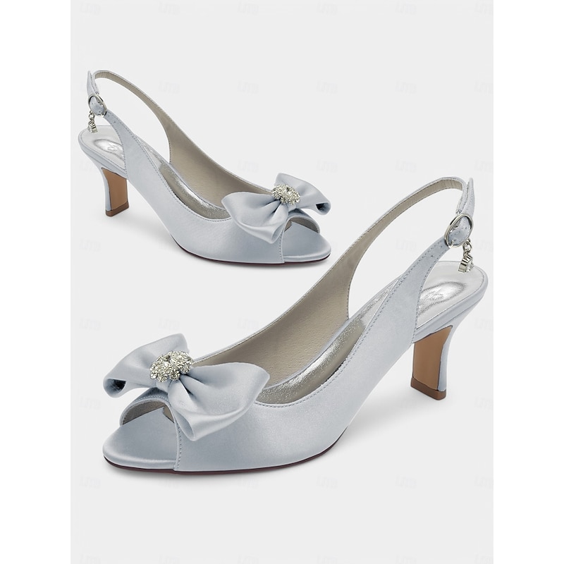 Stylish Satin Open-Toe Slingback Kitten Heel for Women with Bow Detail – Rhinestone Embellishment, Ideal for Wedding & Evening Events4