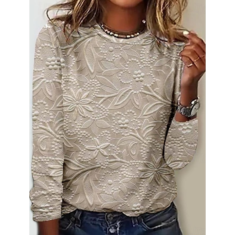 Women's T shirt Crew Neck Long Sleeve Tunic Leopard Striped Casual Regular Tops Daily Print Silver Sage Green Light Brown Blue Spring Fall