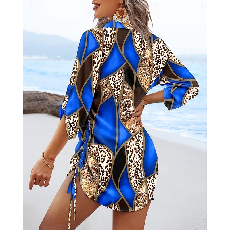 Women's Mini Dress Sexy Dress Elegant Dress Elegant Regular Fit Leopard Geometric Long Sleeve V Neck Yellow Red Blue Green Fall2