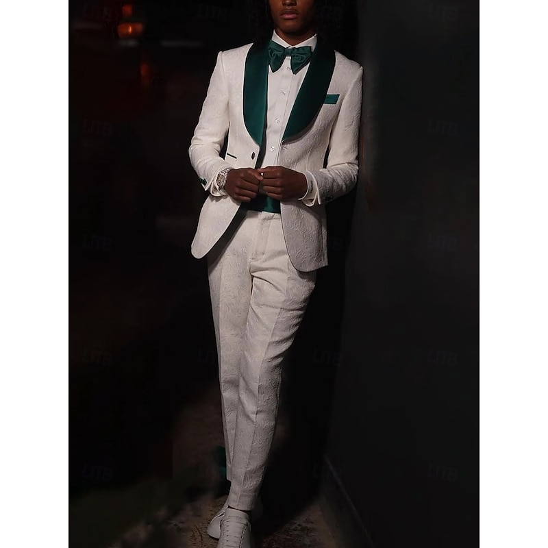 Men's Wedding Party Party Suits White Fashion Luxury Jacquard Floral Standard Fit 2 Piece Single Breasted One-button3