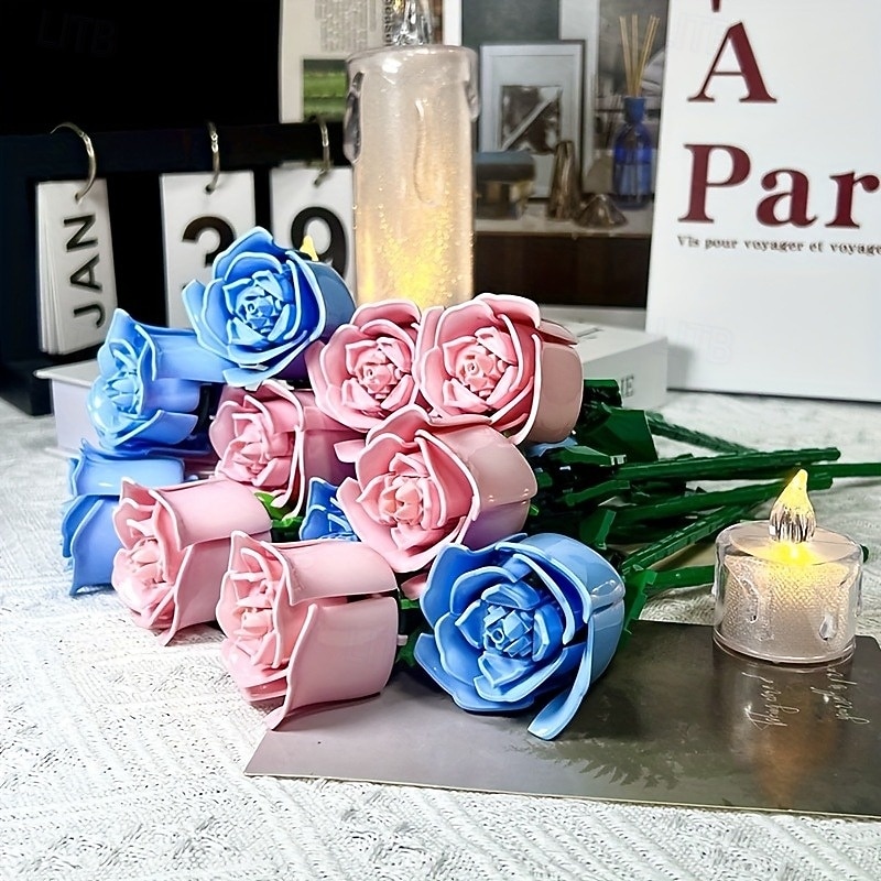 6 pc DIY Building Block Rose Flower Tabletop Decor  ABS Material  Perfect for Valentine's Christmas & Halloween Gifts  Cozy Ambiance with Multi-Colored Artificial Roses & Elegant Candle Display