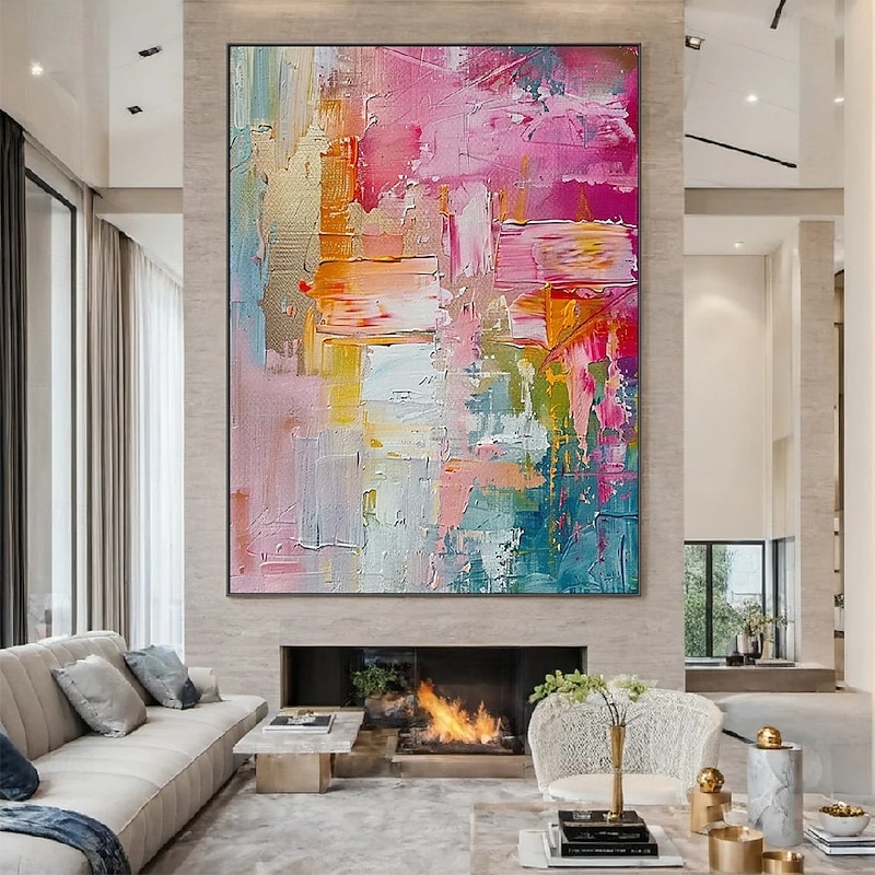 Large handmade textured pink abstract oil painting colorful oil painting handmade textured painting modern office artwoek for  living room wall decoration3