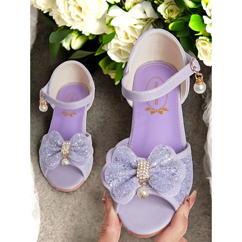 Girls' Purple Glitter Bow Sandals with Pearl Accent, Adjustable Strap, Perfect for Weddings, Birthdays, and Special Occasions3