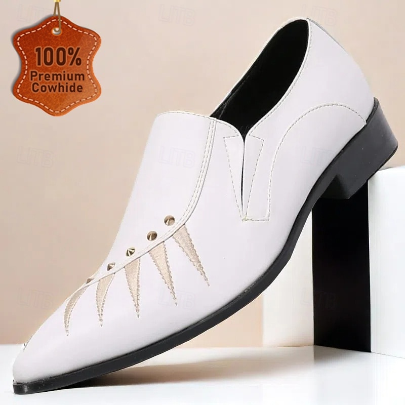 Men's White Premium Cowhide Slip-On Loafers with Studded Detailing, Formal Style for Special Occasion