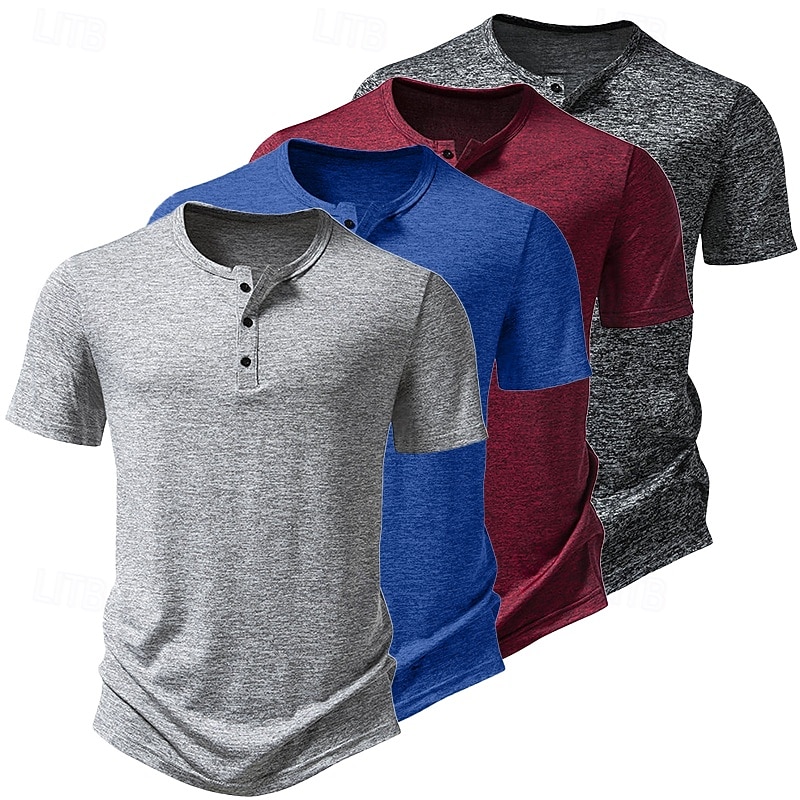 Men's Henley Shirt Tee Sports T-Shirt Short Sleeve Solid Color Plain Active Buttons Henley Outdoor Casual Daily Summer Spring &  Fall Red Dark Gray Light Grey Henley T-Shirt